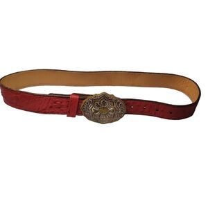 Crumine Silver Plate Bronze Floral Buckle with Leather Belt